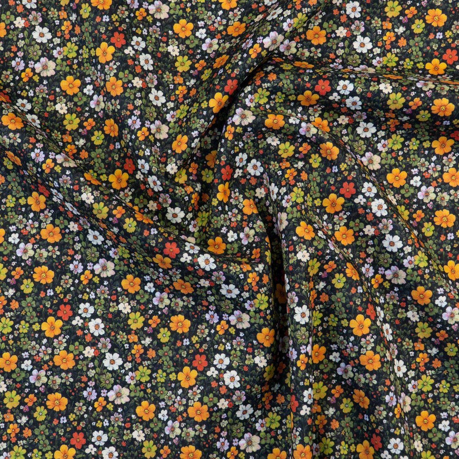 Baumwollstoff, Popeline, schwarz, grün, orange, lilatöne, mille fleurs