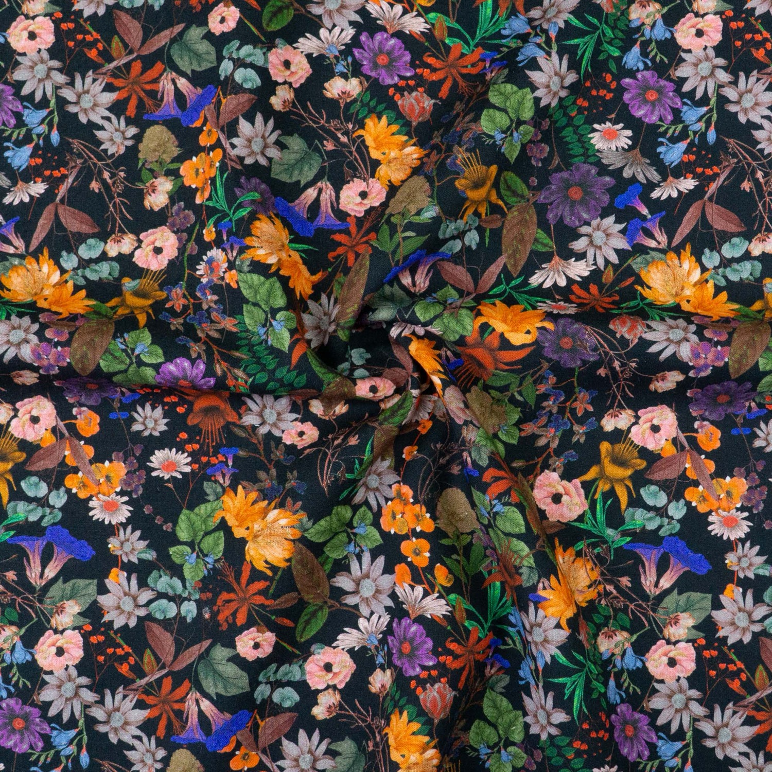 Viskosestoff, Leinengemisch, schwarz, grün, blau, orange, florale Motive