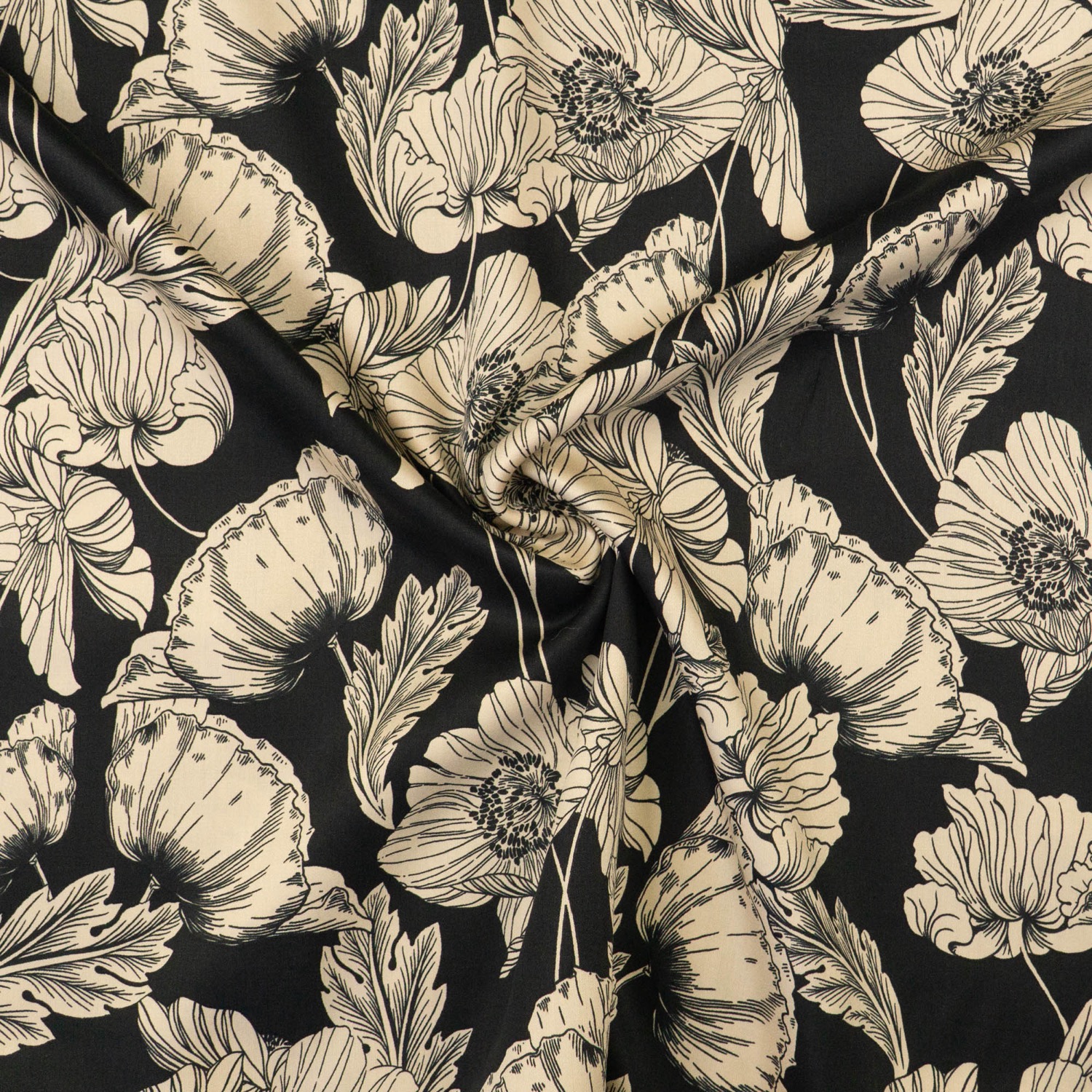 Viskosestoff, Satin, schwarz, vanille, florale Motive