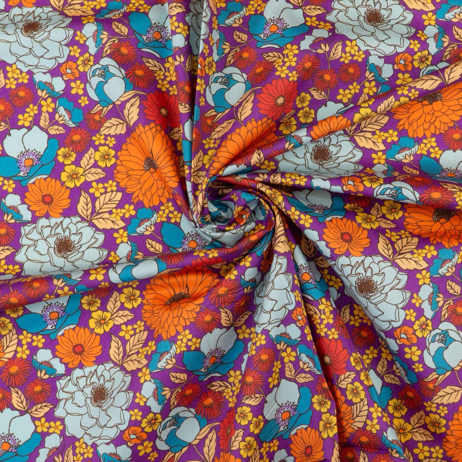 Baumwollstoff, Popeline, lila, orange, rot, blautöne, florale Motive