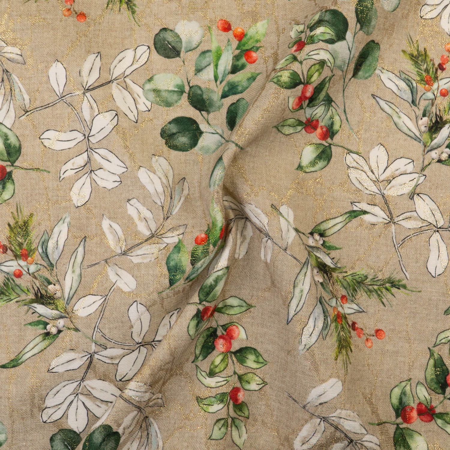 Dekostoff, Ottoman, creme, rot, grün, Glanzeffekt, Weihnachtsmotive
