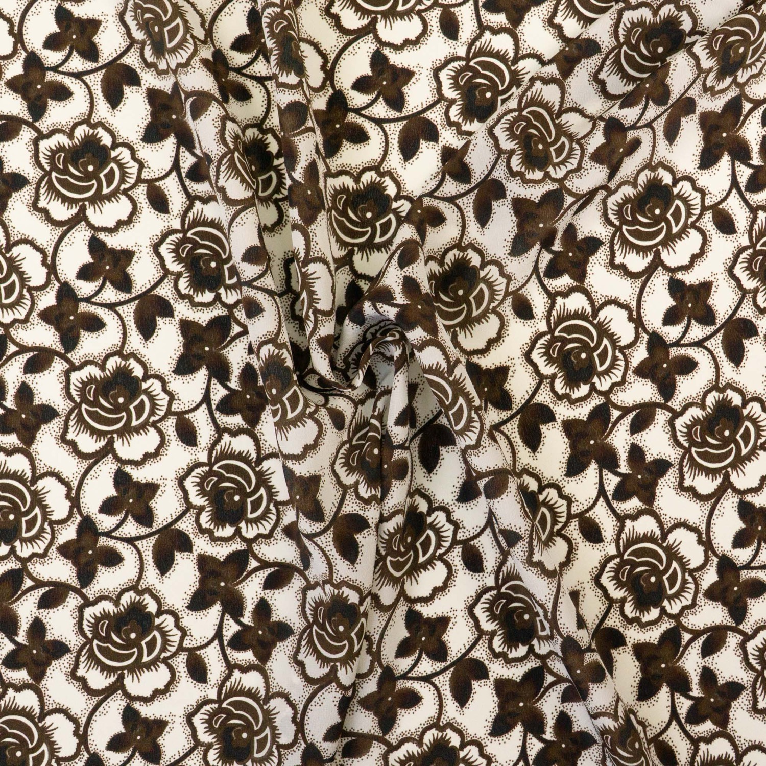 Seidenstoff, Taft, offwhite, brauntöne, schwarz, floral gemustert