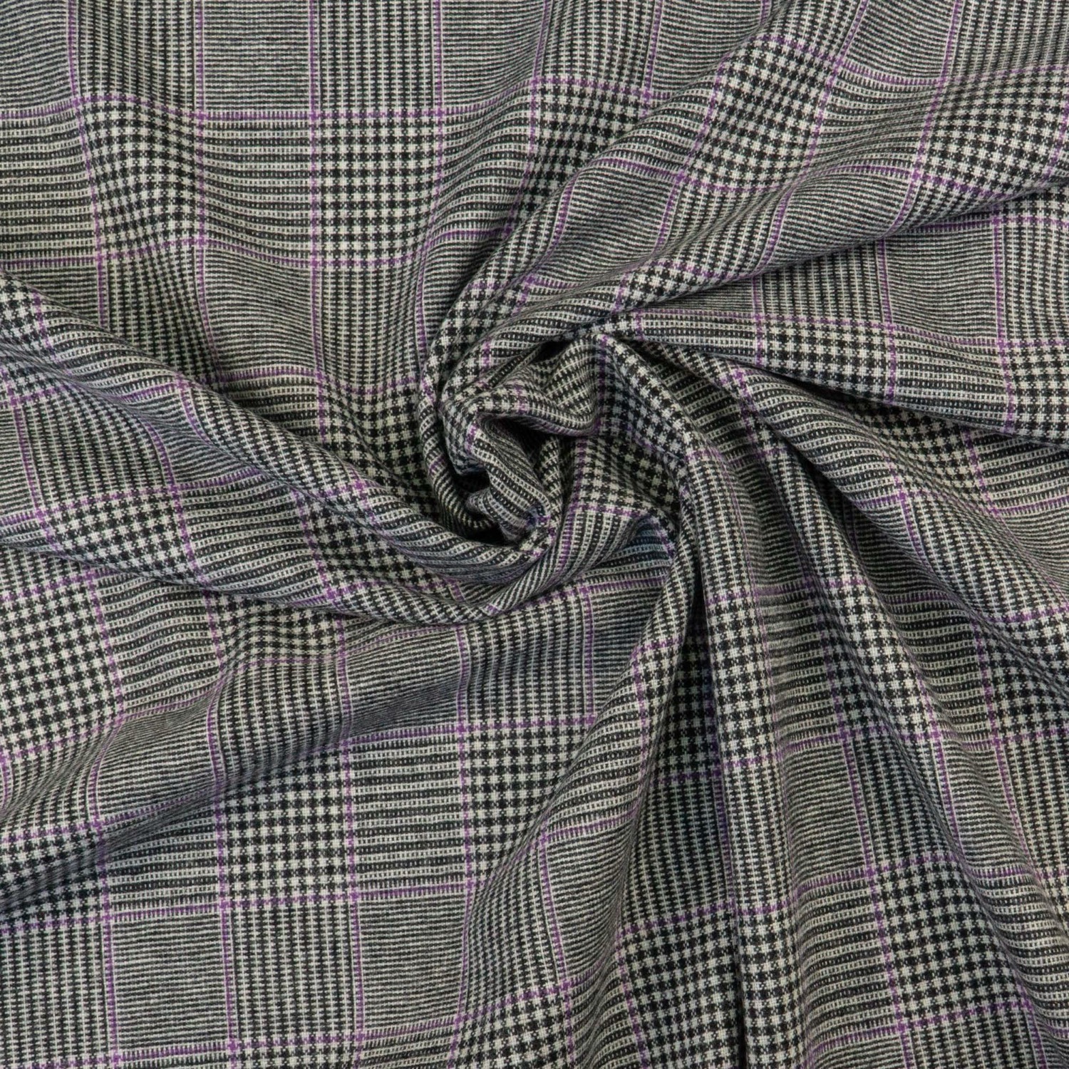 Leichter Wollstoff, Streichgarn, schwarz, weiß, lila, Glencheck