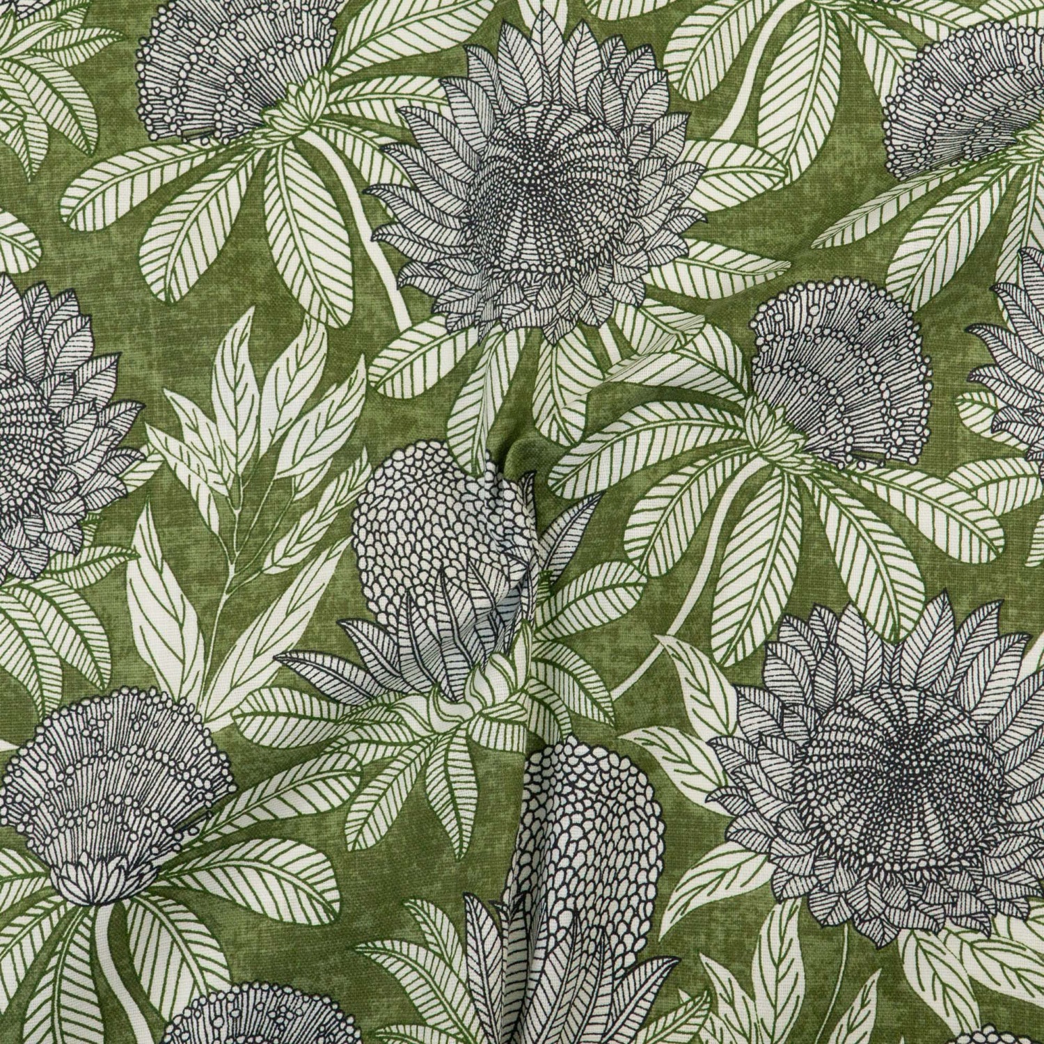 Dekostoff, Panama, grüntöne, weiß, schwarz, florale Motive