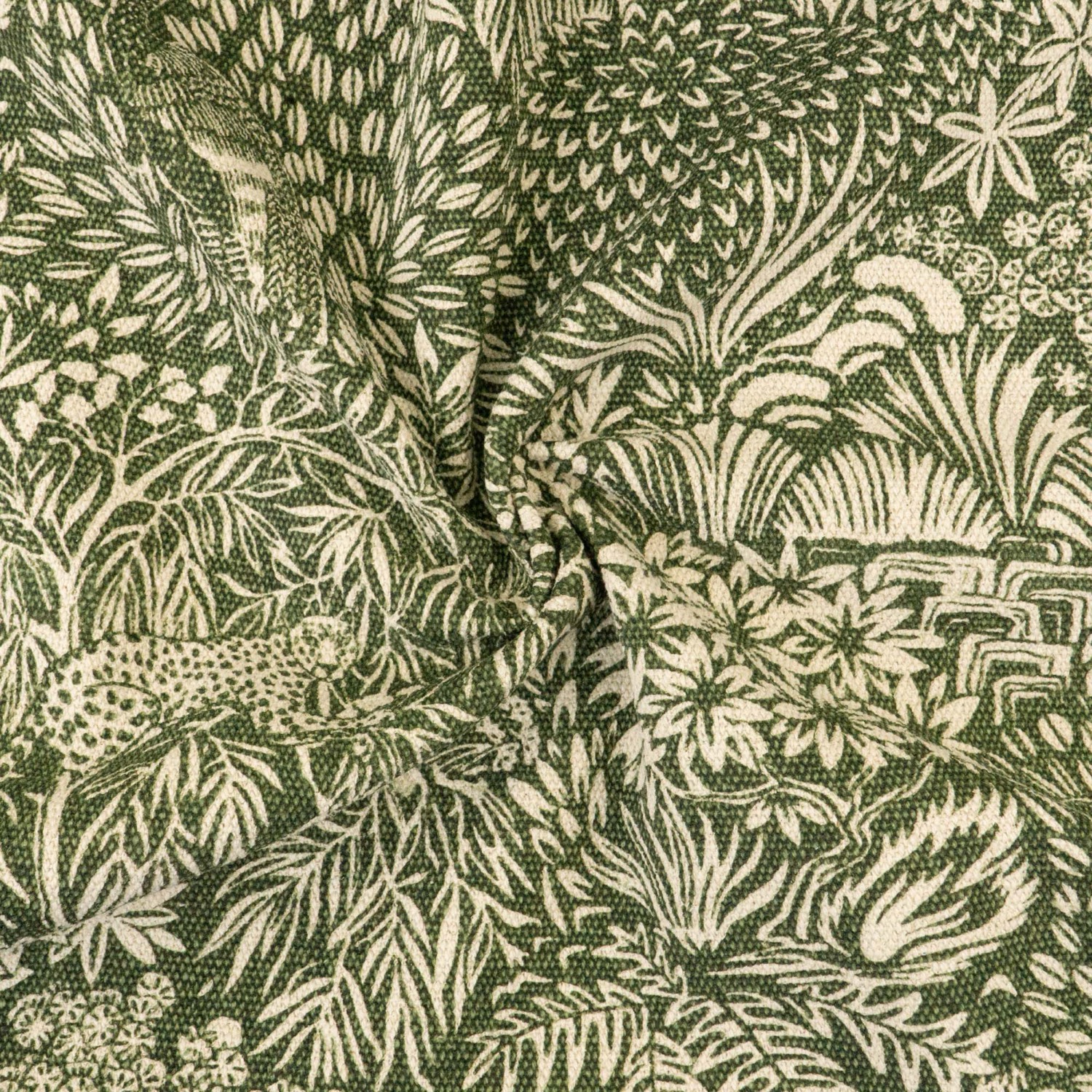 Robuster Dekostoff, grün, beige, florale Motive, Tiermotive