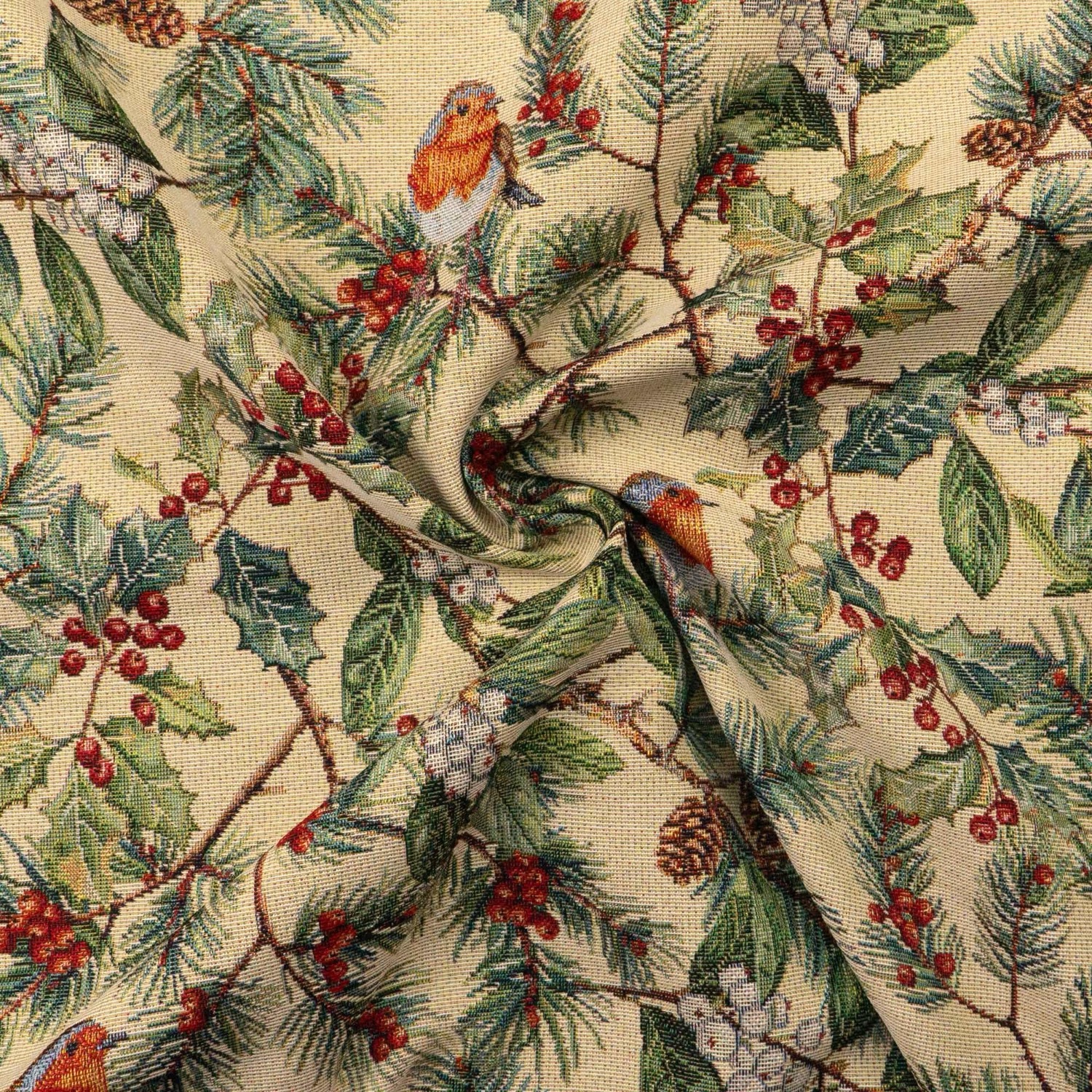 Dekostoff, Gobelin, beige, grüntöne, orange, rot, Tiermotive, florale Motive