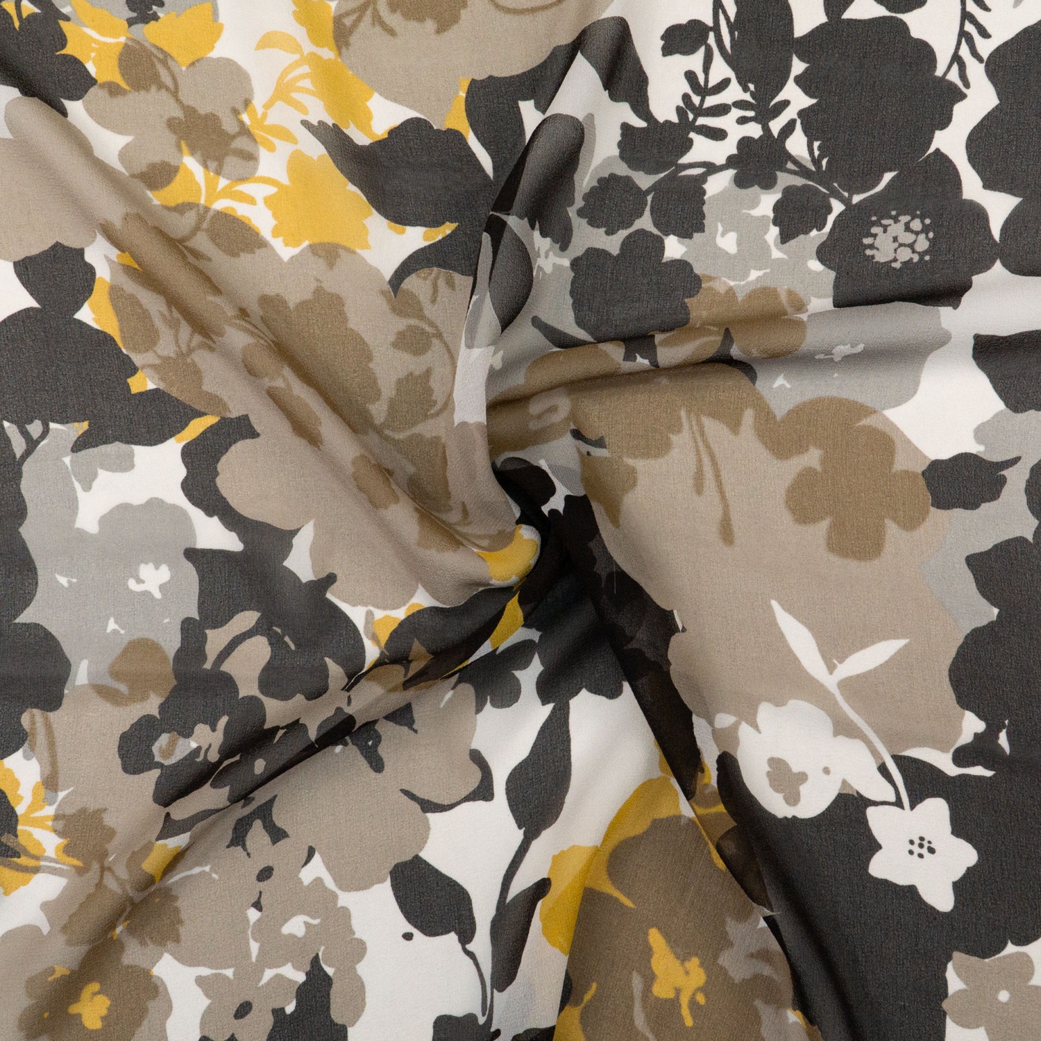 Seidenstoff, Crêpe, offwhite, grau, schwarz/weiß, dunkelgelb, florale Motive